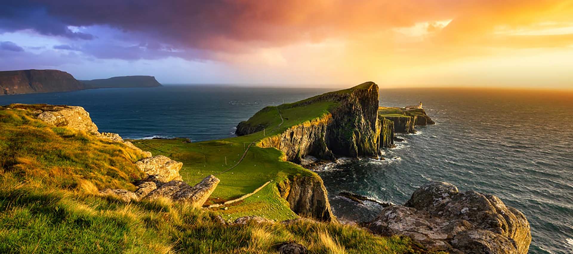 Beautiful coastal landscape view with rugged rocks and sea on the Isle of Skye